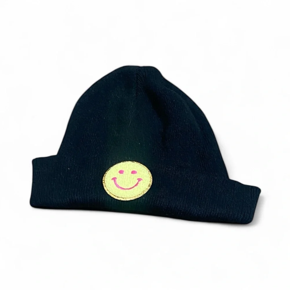 Black Beanie with Yellow Smiley Patch